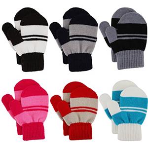Jupsk Guanti Manopola Muffole da bambino Guanti invernali caldi a righe lavorati a maglia Guanti elasticizzati magici per Ragazzi o Ragazze, 1-4 anni, 6 paia