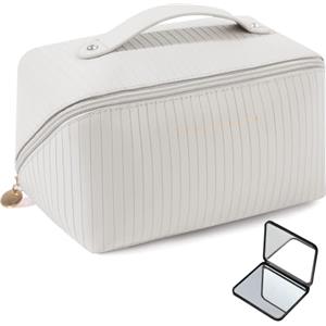 GeeRic Borsa Cosmetica da Viaggio, GeeRic Pochette Trucchi Grande Capacità in PU Impermeabile Ampia Apertura Portatile Beauty Case Multifunzionale Borsa da Toilette Organizer con Scomparti per Trucchi Beige