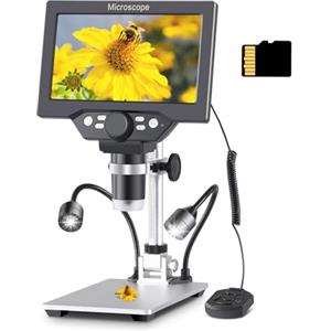 Koolertron Microscopio Digital 7 Pollici HD 1080P,Microscopio Bambini Electronico 50-1200X con 32G TF Carta,8 Luci LED Portatile