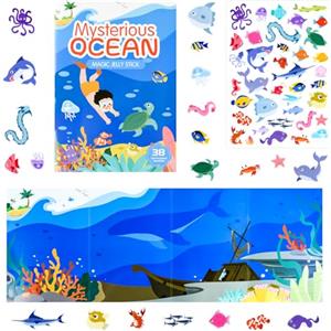 ASTARON Libro di adesivi sull'oceano per bambini piccoli, adesivi riutilizzabili impermeabili sulla vita marina, attività in aereo, giocattoli da viaggio per bambini