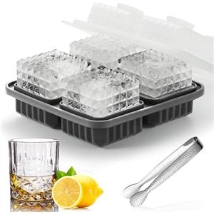 FainFun - Stampo per cubetti di ghiaccio in silicone 3D con coperchio, per cocktail e whisky, per la produzione di cubetti di ghiaccio, cioccolatini, fondute, saponi (1, grigio, 4)