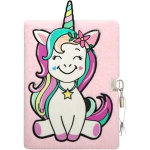 Exerz Diario con Unicorno e Lucchetto - A5 Taccuino in Peluche Rosa 22 x 16 cm - Con Lucchetto e Chiavi - Perfetto per Bambine, Scuola e Regali