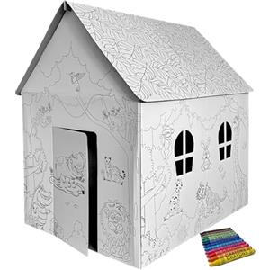 Generisch Malhaus Animali in cartone per bambini - Casetta giocattolo per dipingere e fai da te - Casa di cartone per interni con porte e finestre - Include 12 pastelli a cera - 100 × 78 × 110 cm