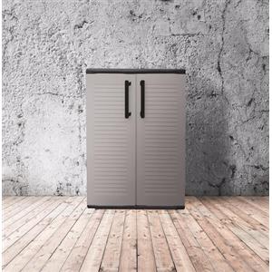 Dmora - Armadio da esterno Wavre, Armadio balcone multiuso, Mobile outdoor 2 ante, 100% Made in Italy, 68x37h90 cm, Grigio chiaro e Nero, Finitura righe