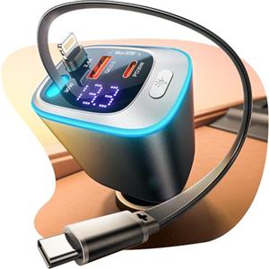 Rolgno Retrattile Caricatore Auto, [4 Porte Ricarica Rapida] 72W Presa Accendisigari USB C Auto, PD30W & QC3.0 Carica Batteria per Auto Cellulare, [Cavi Doppia da 65cm] USB Auto per iPhone/Galaxy/iPad