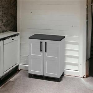 Dmora Armadio da Esterno Wavre, Armadio Balcone Multiuso, Mobile Outdoor 2 Ante, 100% Made in Italy, 68x37h90 cm, Grigio Chiaro e Nero, Finitura Quadri