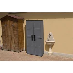 Dmora - Armadio da esterno Geel, Mobile porta scope multiuso, Armadietto outdoor 2 ante, 100% Made in Italy, Finitura quadri, 68x37h163 cm, Grigio e Nero