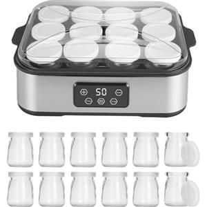 TECKZOON Yogurtiera Elettrica 2200 ml, con 12 × 180 ml Vasetti in Vetro, Macchina Digitale in Acciaio Inox, Yogurt Maker Automatico per Yogurt Fatti in Casa, Formaggio o Natto