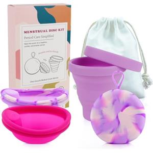 YANGUN Set di 2 Coppetta mestruale con sterilizzatore e custodia, disco mestruale riutilizzabile, per donne attive, sport, nuoto e intimità (taglia S+L)