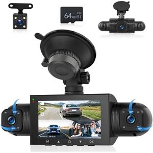 Rimoody 4 Canali Dashcam Auto 360°, 4 Telecamera HD 1080P Anteriore e Posteriore Sinistra Destra, 3 Pollici 1080P Dash Cam con 64 GB Carta 8 IR Visione Notturna/Loop video/24H Parcheggio Monitor/G-Sensore