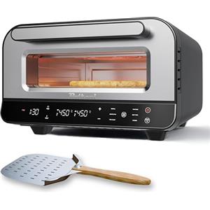 Bolkani Forno elettrico per pizza - 450 °C con pietra e pala per pizza - 1700 W, timer, luce interna, finestra - Pizza croccante in 2 minuti - Macchina per pizza professionale da casa - BOLKANI (nero)