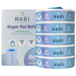 NABI LITTLE STEPS Ricarica Compatibile con Mangiapannolini Maialino Foppapedretti, Angelcare e Genie Litter Locker II. Confezione da 5 Ricariche Profumate, Facili e Convenienti