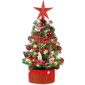 LEAZZLE Mini albero di Natale,albero di Natale artificiale 60cm con luci a LED,Albero di Natale Artificiale Tavolo con Stella Palline di Natale,Albero di Natale Piccolo per Casa,Tavola e Soggiorno