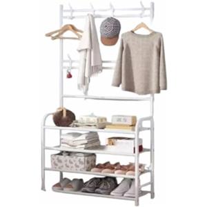 Generic Appendiabiti con Scarpiera 60x26x152cm, Guardaroba Salvaspazio in Metallo con 4 Ripiani e 9 Ganci, Stand Porta Giacche e Scarpe per Ingresso, Corridoio, Camera da Letto bianco