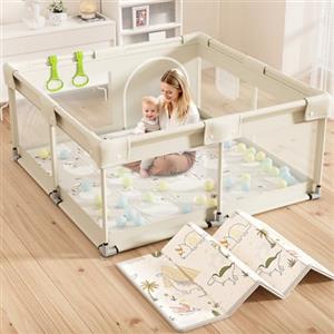 Lertantri 120x120cm Box Bambini con Materassino, Beige Recinto per Bambini, Box Bambini per Appartamento, Recinto Neonato con Rete Traspirante Sui Quattro Lati e Ventose, Petit Parc Bebe
