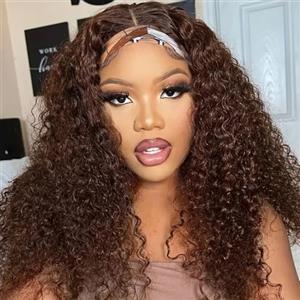 IFLY Headband Wig Human Hair Parrucca per capelli umani Glueless Wig Human Hair None Lace Front Wigs Deep Wave Curly Brazilian Natural Women Hair 150% Density Chocolate Brown 26 Inches(65 cm)