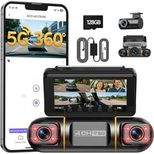 Volam 360° 4 Canali Dash Cam Auto, Schermo da 3,16" 5G WiFi & Controllo APP Dashcam, 1080P*4 Telecamera per Auto con Scheda SD 128G, IR Visione Notturna, 24H Monitor di Parcheggio con Kit di Cablaggio