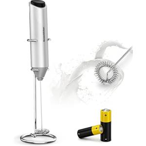 Bonsenkitchen Montalatte Elettrico, Frullino Montalatte con Supporto in Acciaio Inox e Batteria, Adatto per Latte, Cappuccino, Matcha, Regalo per Gli Amanti del Caffè, Argento