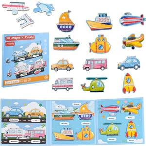 ASTARON Puzzle magnetico con 60 pezzi di adesivi riutilizzabili per bambini, 51 pezzi di puzzle del traffico 3 in 1 Educazione prescolare apprendimento viaggi giocattoli auto attività aereo