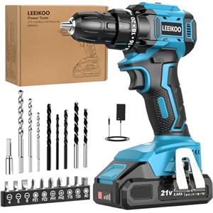 LEEIKOO Brushless Trapano Avvitatore Batteria, LEEIKOO Avvitatore a Batteria 21V con Battery 2.0Ah, 45N.m Trapano Elettrico, 20 Coppie, 10mm Mandrino, 21 Accessori Per Casa Progetto, Fai da te, Blu