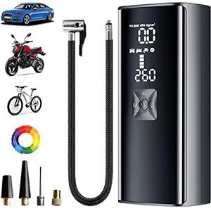 Aumotop Compressore Aria Portatile 8000mAh 30cm Tubo Pompa Elettrica per Bicicletta 5 modalità Mini Compressore per Bici Auto Moto Palloni Gonfiatore Elettrico con LED Luce, 150PSI, 4 Adattatore