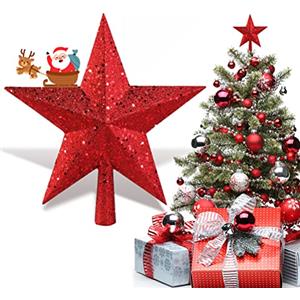 AOBETAK Stella Albero Di Natale AOBETAK Glitter Alberi Di Natalizie Decorazioni, Plastica Leggera Hallow Christmas Trees Topper Stars, Puntale Albero Natale Decorazioni 20cm/7.8in (Rosso)