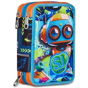 SJ GANG STYLE JAM GANG Astuccio Scuola 3 Zip, Blu, Portapenne Triplo Scomparto Completo Di Penne, Matite, Colori, Accessori Zaino, Scuole Elementari, Bambino