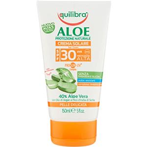 equilibra Solari, Aloe Crema Solare Spf 30, Crema con Aloe Vera, Latte di Mandorle, Olio di Carota e Vitamina E, Protegge dalle Scottature, per un'Abbronzatura Sana, Water Resistant, 150 ml