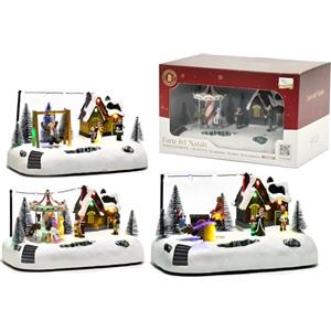 EMPOTEC Scena Paesaggio Villaggio Natalizio Innevato Parco Giochi Movimento Luci LED e Suoni Musiche Natalizie Decorazione Clarion Addobbo Idee Regalo Natale 26x16x14cm 3 Scene Assortite (1pz)