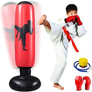 MEYDLL Sacco da Boxe Bambini 160cm Gonfiabile Sacco da Boxe da Terra Adulti Bambini Pungiball Bambini con Pompa Dell'aria e Guanti da Boxe per Kickboxing di Karate, Attrezzature di Allenamento
