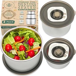 Everusely Contenitori per alimenti sottovuoto inox con indicatore della data - Set di 3 contenitori per il pranzo in metallo inox ermetici con coperchi traslucidi - A tenuta stagnae per uso alimentare