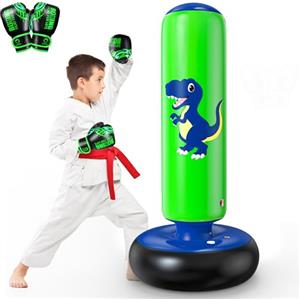 QPAU Sacco da Boxe Gonfiabile per Bambini con Guantoni, Sacco da Pugilato Stabile 3-8 Anni, Giocattolo Dinosauro e Regalo per Bambini/e - Kit Boxe per Karate e Taekwondo