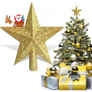 AOBETAK Stella Albero Di Natale AOBETAK Glitter Alberi Di Natalizie Decorazioni, Plastica Leggera Hallow Christmas Trees Topper Stars, Puntale Albero Natale Decorazioni 20cm/7.8in (Oro)