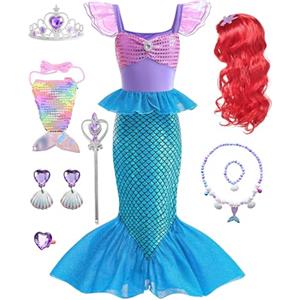 Dtiaagto Costume da sirena per bambini, costume da principessa per ragazze, con corona da sirena, travestimento per feste di compleanno dai 4 ai 6 anni