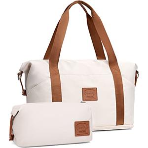 COOLIFE Borsone da Viaggio Pieghevole, Bagaglio a Mano con Borsa da Toilette, Borsa da Viaggio Donna, Adatto per Vacanze, Palestra, Ospedale, Campeggio, 20-25L (Bianco)