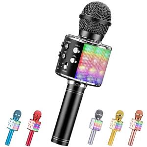 ShinePick Microfono Karaoke Bambini, Portatile Microfono Bambina, Microfoni Wireless con Altoparlante con Luci LED Flash per Android/iOS, PC e Smartphone, Casa KTV (Nero)