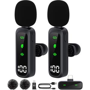 AUINSKY Microfono Lavalier Wireless, Microfono a Clip 2.4Ghz con Riduzione del Rumore per iPhone Android Fotocamera, 1 Trasmettitore & 2 Ricevitori, Portata 50m, Autonomia 5H per Registrazione, Vlogging
