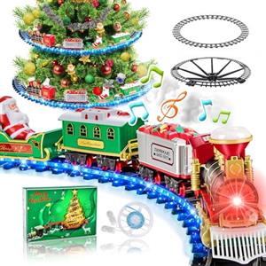 Buzzoxerex Trenino Albero di Natale, Trenino Elettrico Natalizio, Treno per Albero di Natale con Luci a LED Blu, Suoni e Effetto Fumo, Treno Elettrico per Bambini e Famiglia