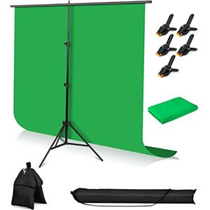 NEFLSI Sfondo Fotografico Kit, 2m x 1.5m Verde, con Sistema di 2 Supporti x2m per Treppiedi Regolabile, 5 Morsetti e Sacchi di sabbia, Telo Verde per Video e Foto