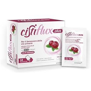 Cistiflux Plus, Integratore a Base di Estratto di Mirtillo Rosso,Cranberry Americano, e D-Mannosio,per Favorire Una Corretta Funzionalità delle Vie Urinarie, 14 Bustine, Gusto Frutti di Bosco