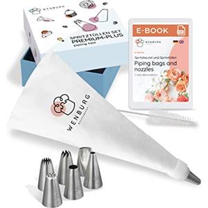 Wenburg Sacca a Poche per Dolci - 7 Ugelli per Tubazioni - Sac a Poche in Cotone da 40 cm - Bocchette Professionali in Acciaio Inox per la Decorazione di Torte, Cupcake e Biscotti (Set Premium Plus)