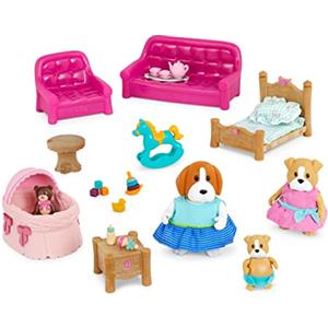 Li'L Woodzeez - Set soggiorno e cameretta - Deluxe - Lil Woodzeez - Set di mobili per la casa delle bambole - Figurine di animali - Divano, culla e giocattolo in miniatura - Bambini 3 anni +
