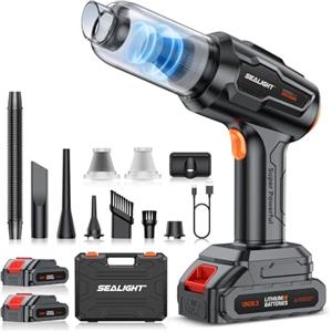 SEALIGHT Aspirabriciole Senza Fili, 35000Pa 9-in-1 Aspirapolvere per Auto, 2 Batterie Ricaricabili con Motore Senza Spazzole, Mini Aspirapolvere Potente per Casa, Ufficio, Auto, Capelli, Argento
