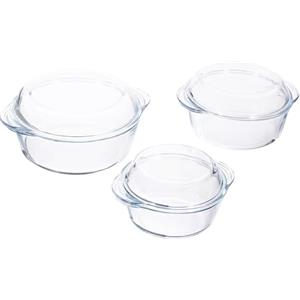Pasabahce Set di 3 pirofile in vetro, rotonde con coperchio, rostiera, ciotola in vetro, 6 pezzi