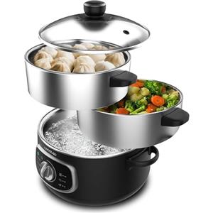 Cecotec Vaporiera Elettrica Vapovita Steelpot. Potenza 1300W, Contenitori Inox, Capacità 10L, Tempo Regolabile, Spegnimento Automatico, Facile Pulizia, Coperchio Speciale, Cucina Sana, Sicurezza