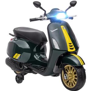 AIYAPLAY Scooter elettrico Vespa 6 V moto elettrica per bambini 3-6 anni dim. 107L x 47W x 73H cm Musica MP3 Porta USB Radio FM Faro 2 ruote di allenamento - Verde