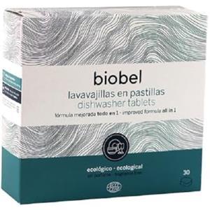 Biobel - Pastiglie per lavastoviglie - Origine naturale - Pastiglie monodose tutto in 1 - Pulisce e sgrassa lo sporco incorporato - Confezione idrosolubile - Senza profumo - 30 pezzi