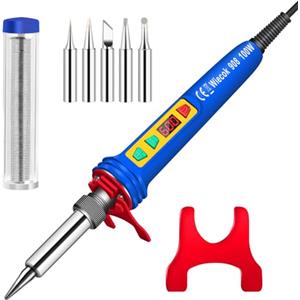 Wiecok 100W Kit Saldatore a Stagno, Wiecok Saldatore Digitale con Schermo LCD e Temperatura Regolabile 200℃-600℃, Interruttore ON/OFF, 5 Punte per Saldatura, 15g Filo per Saldatura -Blu