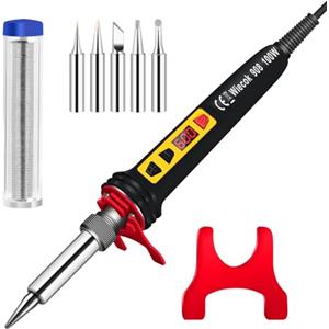 Wiecok 100W Kit Saldatore a Stagno, Wiecok Saldatore Digitale con Schermo LCD e Temperatura Regolabile 200℃-600℃, Interruttore ON/OFF, 5 Punte per Saldatura, 15g Filo per Saldatura- Nero