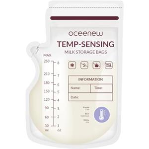 Oceenew 250ml Sacchetti Latte Materno, 120 Pezzi Rilevamento della Temperatura Buste Latte Materno Congelare Freezer con Beccuccio per l'allattamento, Sacchetto Pre-sterilizzato Autoportante o Piatto